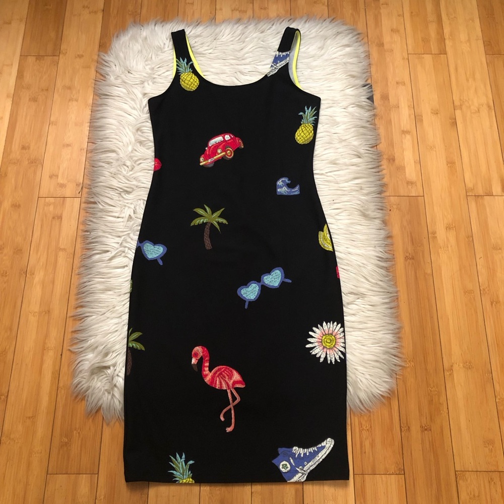 Nicole by Nicole Miller Novelty Vacation Tropical Black Sleeveless Midi Dress 6